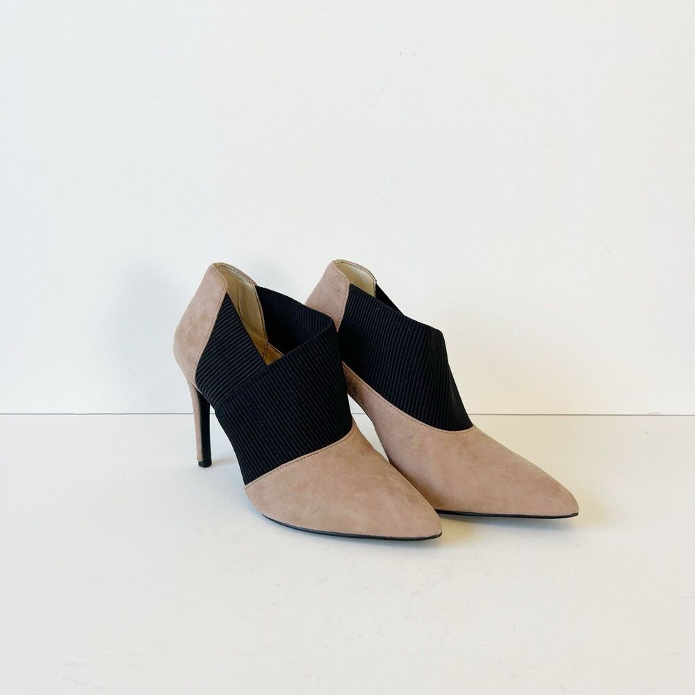 Nine West Zaayer Heeled Bootie Pointed Toe Suede Leather Tan Black Sexy Size 6